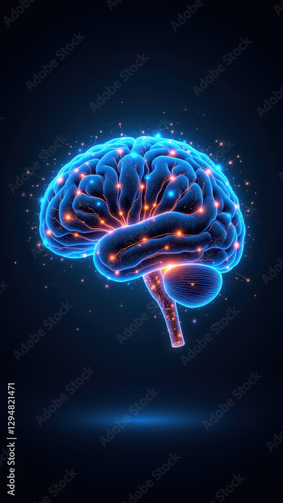 Poster 3d rendering of a human brain with digital particles, symbolizing artificial general intelligence, a