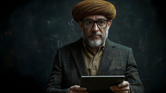 Mature man in turban and suit holding tablet