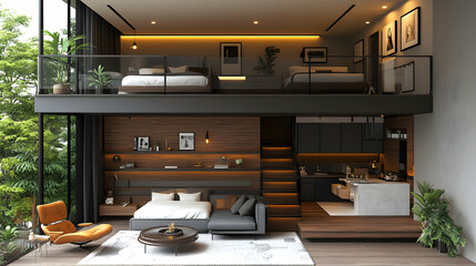Modern Loft Apartment Interior with Balcony