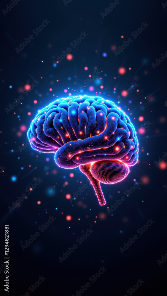 Poster an artistic representation of artificial general intelligence, agi, with a glowing brain symbolizing