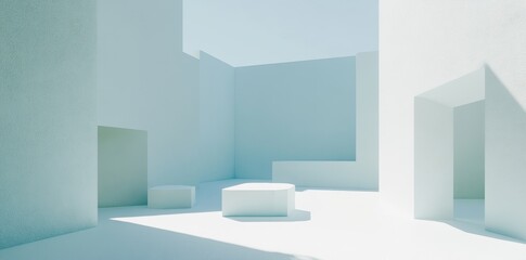 A delicate and abstract light blue backdrop featuring intricate shadows from a window, perfect for presenting products in a minimalist setting with soft lighting