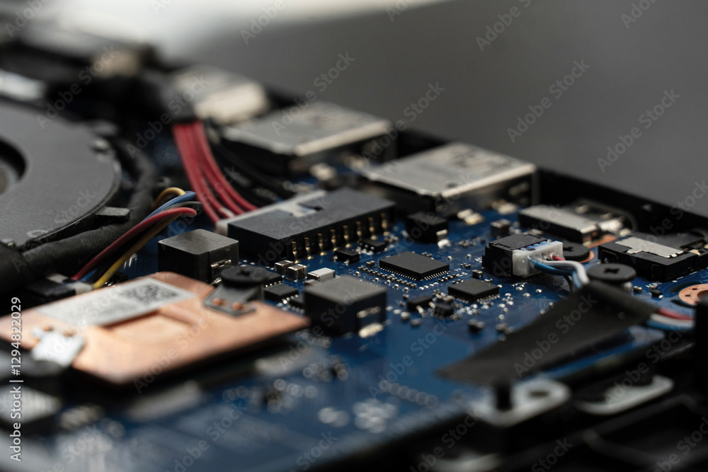 Poster circuit board components are arranged on a laptop's internal structure, showcasing wires and connect