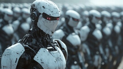 A cyborg commander stands prominently, addressing a vast robotic army prepared for battle. The atmosphere is tense and charged with anticipation as they await orders