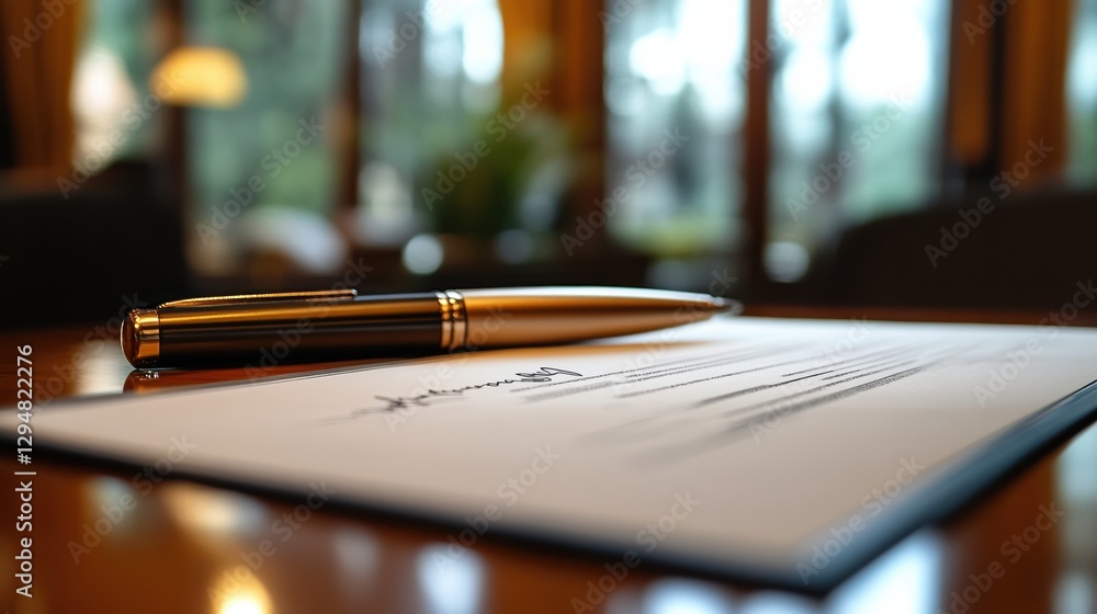 Poster elegant writing instrument beside a signed document in a cozy indoor setting during daylight. genera