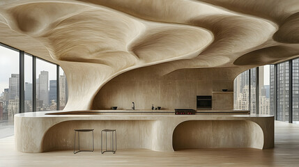 Modern, sculpted wood kitchen with city view