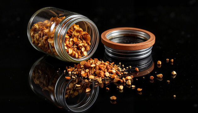 Artistic jar of cumin seeds spilling on mirrored surface, culinary elegance