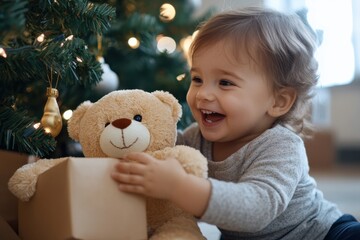 A cheerful toddler is holding a teddy bear while exploring gifts near a glowing Christmas tree, radiating warmth, happiness, and the joy of the holiday spirit.