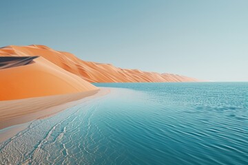 Ilustración de un paisaje de arena y agua, ilustración de dunas del desierto y un oasis