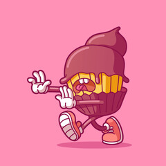 Chocolate zombie cupcake – funny and spooky dessert. Cartoon sticker in comic style with contour. Modern flat style thin line vector illustration isolated on pink background.