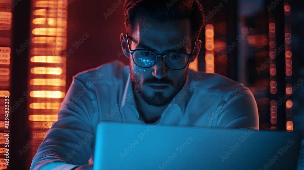 Poster focused programmer working late night on laptop project software development cybersecurity data anal