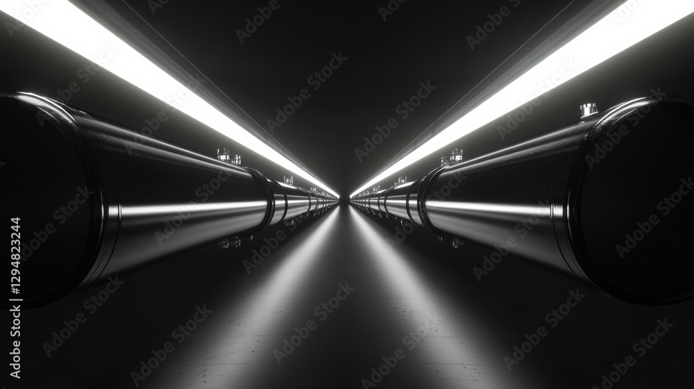 Poster long industrial gas pipelines stretching into the horizon with sleek metallic textures and illuminat
