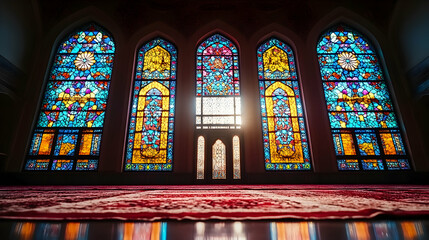 Obraz premium Mosque interior, stained glass windows, prayer rug