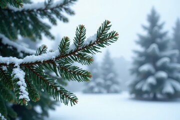 Frosted sprigs of evergreen branches stretch towards the grey winter sky, branch, serene, winter