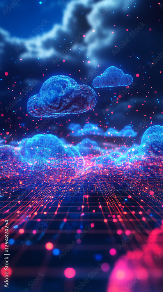 Poster Abstract 3D digital cloud network with glowing particles, representing cloud computing, data transmission, and digital technology in a futuristic, neon-lit environment.