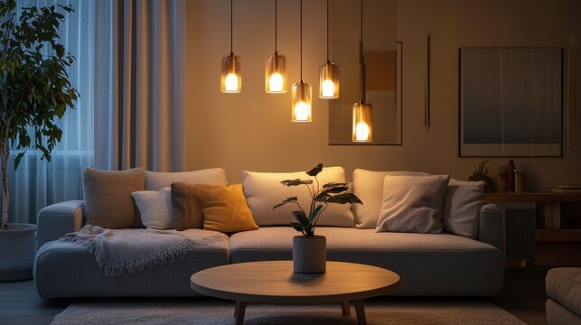 Cozy contemporary living room with ambient lighting and modern decor.