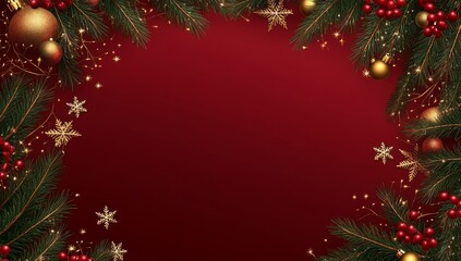 The Christmas greeting card template features a stunning red background adorned with a gold star frame and lush green fir branches, perfect for a Happy New Year banner layout