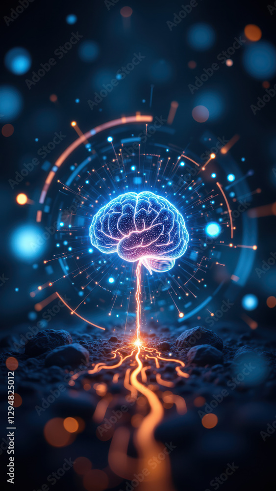 Poster a captivating digital illustration featuring a human brain at its core surrounded by swirling neural