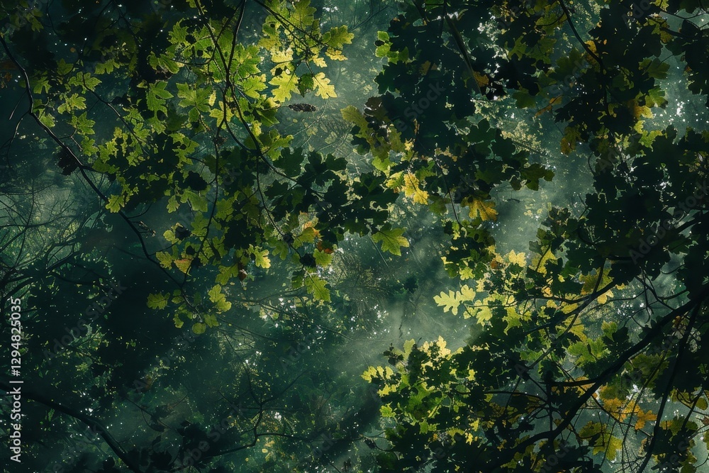 Poster an abstract view of a dense forest canopy, with sunlight filtering through the leaves, creating a da