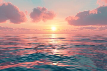 Obraz premium A peaceful scene of the sun setting over a calm ocean, with soft pink clouds in the sky, A tranquil sunset over the shimmering ocean