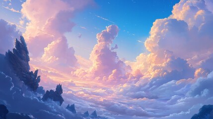 Pastel Sunset Sky Over Dreamlike Mountains