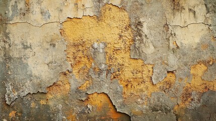 Fototapeta premium Close-up of peeling yellow and gray paint on a weathered wall
