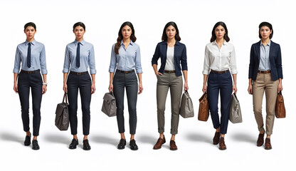 Businesswoman wearing different outfits is walking and holding a briefcase