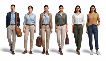 Obraz premium Businesswoman walking wearing different smart casual outfits and carrying leather bag