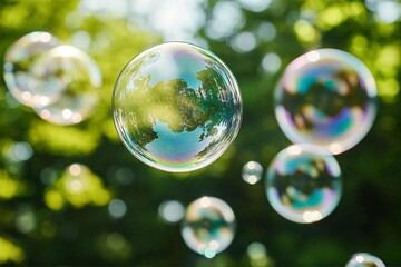 Ethereal Soap Bubbles Floating in Green Nature Background with Rainbow Reflections