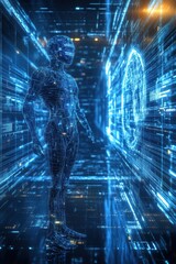 High tech background template design with theme of humanoid robot.