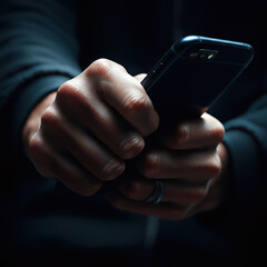 Dramatic close-up of hands gripping smartphone tightly in dark setting symbolizing social media obsession and digital dependence