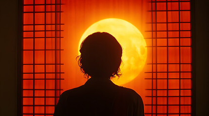 Silhouette woman gazing at fiery sun through Japanese screen