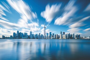 A wide shot of the Toronto skyline with dramatic clouds during sunset, The dynamic skyline changing throughout the day with the movement of clouds and sunlight