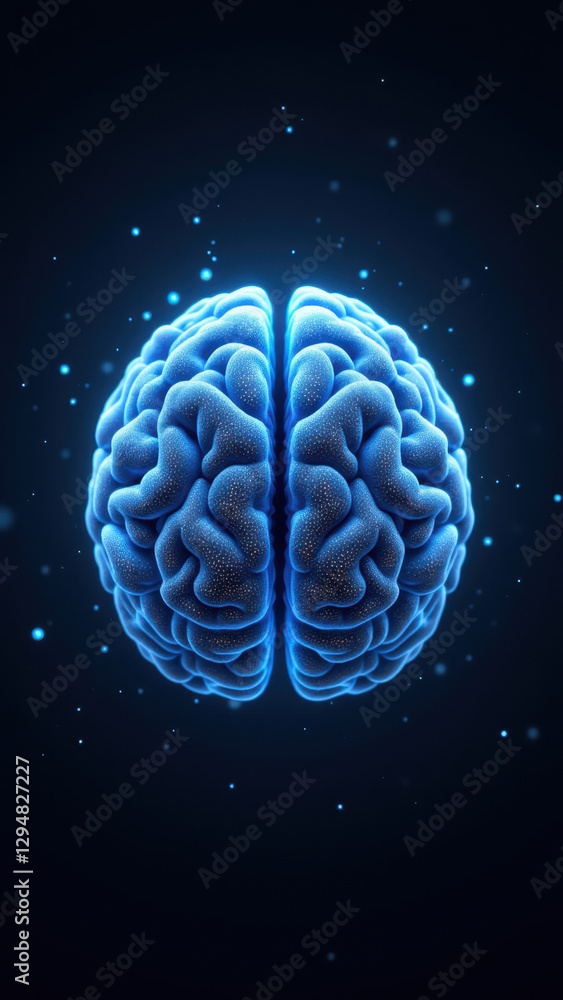 Poster a 3d rendering of a human brain with blue glow and sparkles in a dark background, representing artif