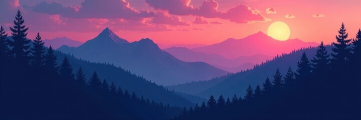 peaceful forest at dusk with silhouetted peaks, landscape, mountains, forest