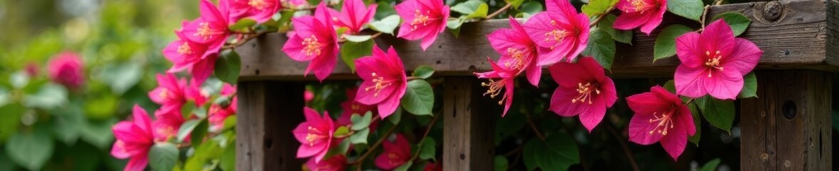 Fototapeta premium Pink Bougainvillea blooms on a wooden trellis in a warm garden, bougainvillea, garden