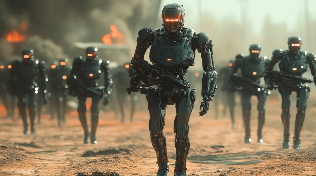 A cyborg soldier leads a battalion of robotic troops across a devastated battlefield. The environment features smoke and the remnants of conflict, indicative of an ongoing war