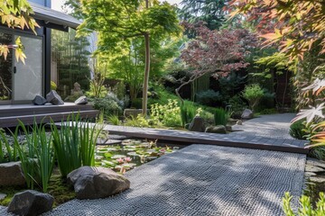 A tranquil Zen garden featuring a pebbled pathway leading to a small pond with a wooden bridge, A zen-inspired garden with minimalist aesthetics and carefully curated plantings