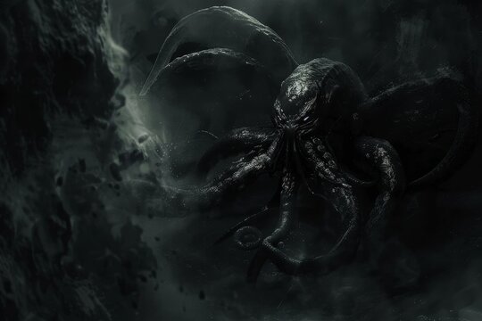 A shadowy, tentacled creature emerges from a swirling vortex of darkness, A mysterious creature emerging from the darkness - Powered by Adobe