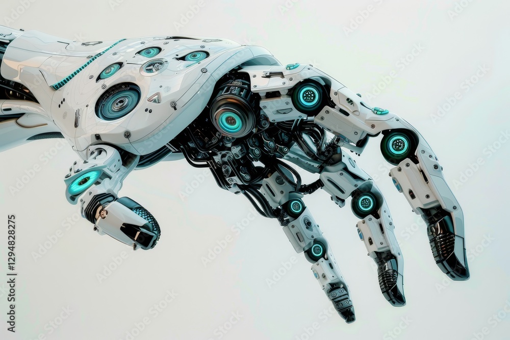 Poster a futuristic robot arm with intricate sensors and tools extends its hand, a futuristic robot with in