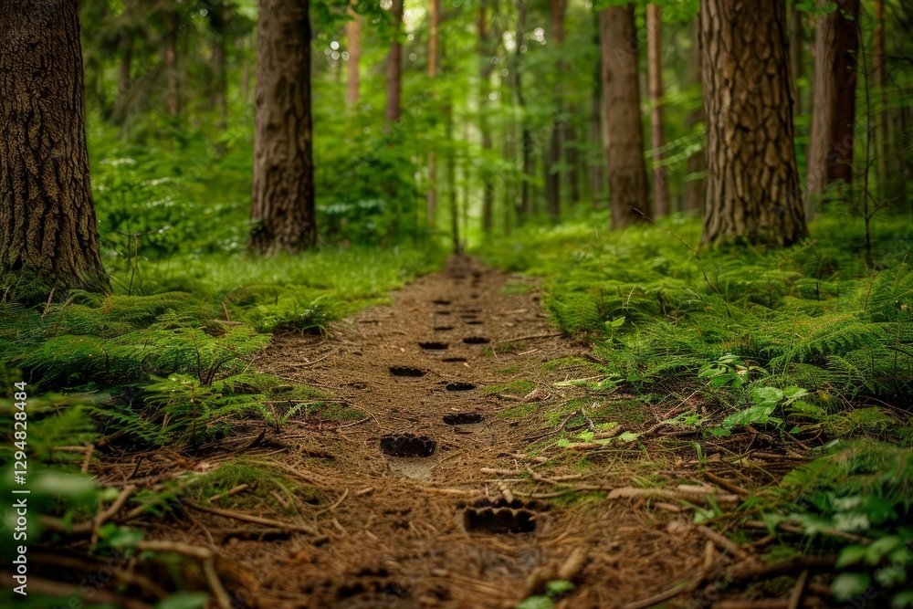 Poster close-up of footprints on a forest path, surrounded by vibrant greenery, the rhythmic pattern of foo