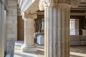 A close-up view of Ionic columns carved from topaz stone, showcasing their intricate details within a contemporary interior, Replicate the intricate details of Ionic columns in a modern setting