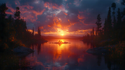 Fototapeta premium Sunset over a lake, forest, and islands