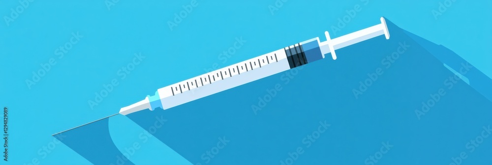 Poster syringe resting on a flat surface with a light blue background representing medical equipment and he