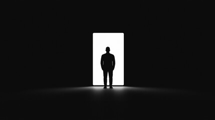Obraz premium Silhouette at the Threshold: A mysterious figure stands in a doorway, silhouetted against a bright light, creating a sense of anticipation and the unknown.