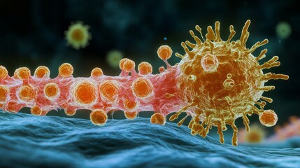 This detailed microscopic view showcases a virus particle in the process of attaching to the surface of a host cell. The intricate structures highlight the viral infection mechanism