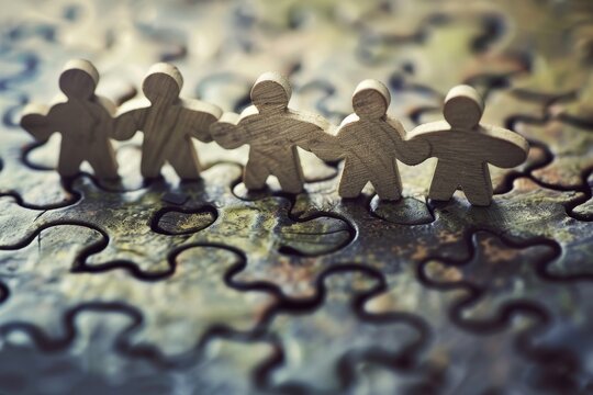 Five wooden figures stand on a puzzle background, holding hands, symbolizing unity and cooperation, Cooperation and collaboration between individuals