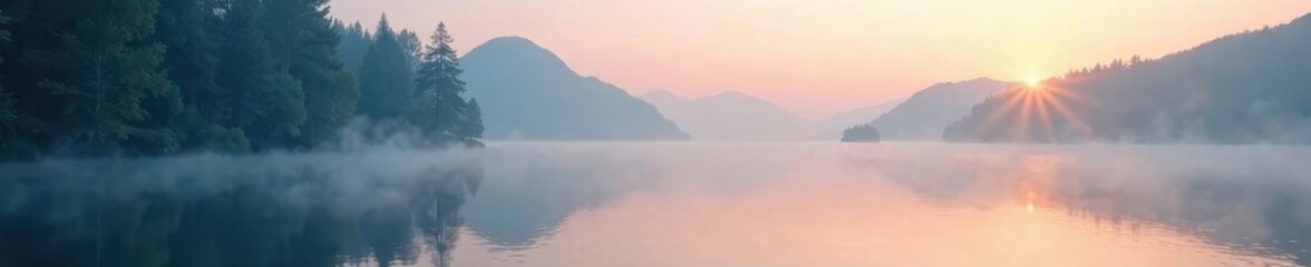 Fototapeta premium Softly glowing mist floats on a serene lake surface, misty, calm, peaceful