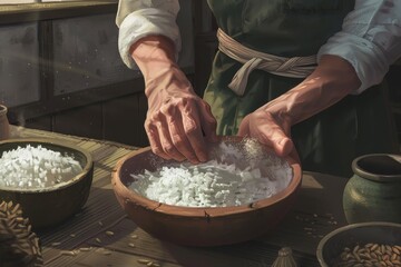 Fototapeta premium A persons hands carefully shape uncooked rice in a wooden bowl, creating a sense of tactile realism, Creating a sense of tactile realism through the use of grain texture in an illustration