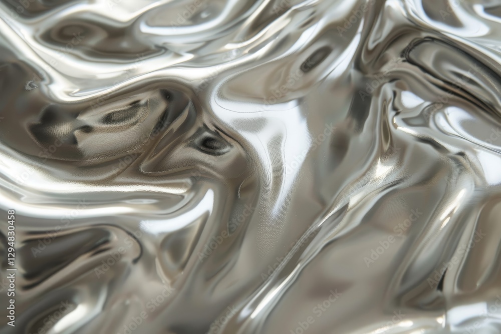 Poster a close-up of silver fabric with a smooth, glossy finish. the fabric is draped and rippled, creating
