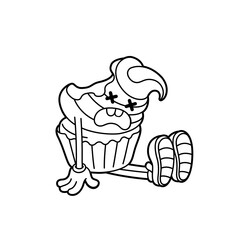 Burned-out cupcake – humorous black-and-white illustration. Line dark. Cartoon sticker in comic style with contour. Modern flat style vector illustration clipart.